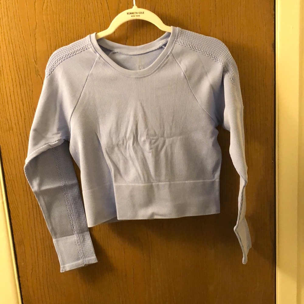 Powder Blue Crop Top, with long sleeves.